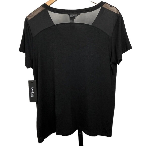Bebe Sport Black T Shirt Large NWT Rainbow Spellout Logo V-Neck Sheer Back Edgy - Picture 2 of 4